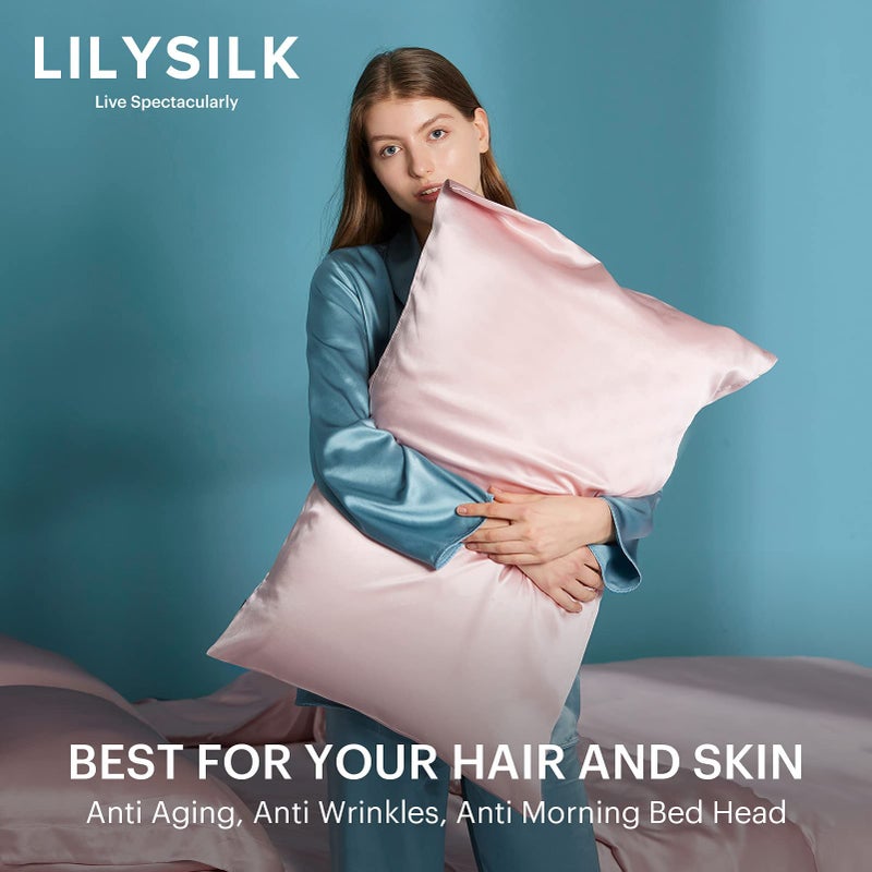 LilySilk غطاء وسادة حرير LILYSILK للشعر والبشرة - 100% حرير توت 19 موم ، غطاء وسادة سرير حرير من الجانبين مع سحاب مخفي ، 1 قطعة (حجم كينج 20''x36''، وردي فاتح)  - Image 5